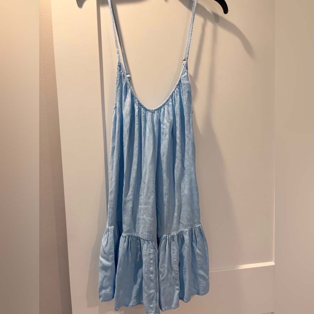 Light Blue Spaghetti Strap Ruffle Hem Coverup Dress